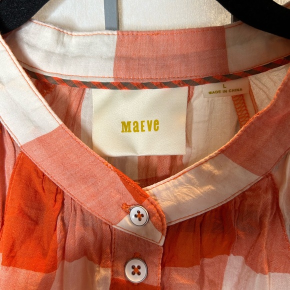 Anthropologie Maeve Orange and White Checkered Button-Up Blouse - Picture 2 of 4